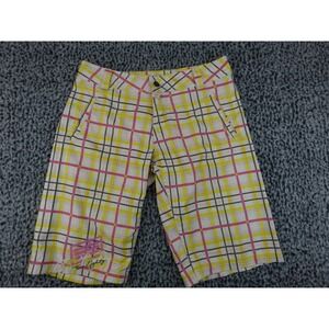 Ten Eighty Plaid Board Shorts Women 7 Yellow Pink White Graphic Surf Skate